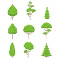 Tree icon set. Green plants in flat style. Different trees shape for landscape design. Forest and nature symbol. Vector Royalty Free Stock Photo